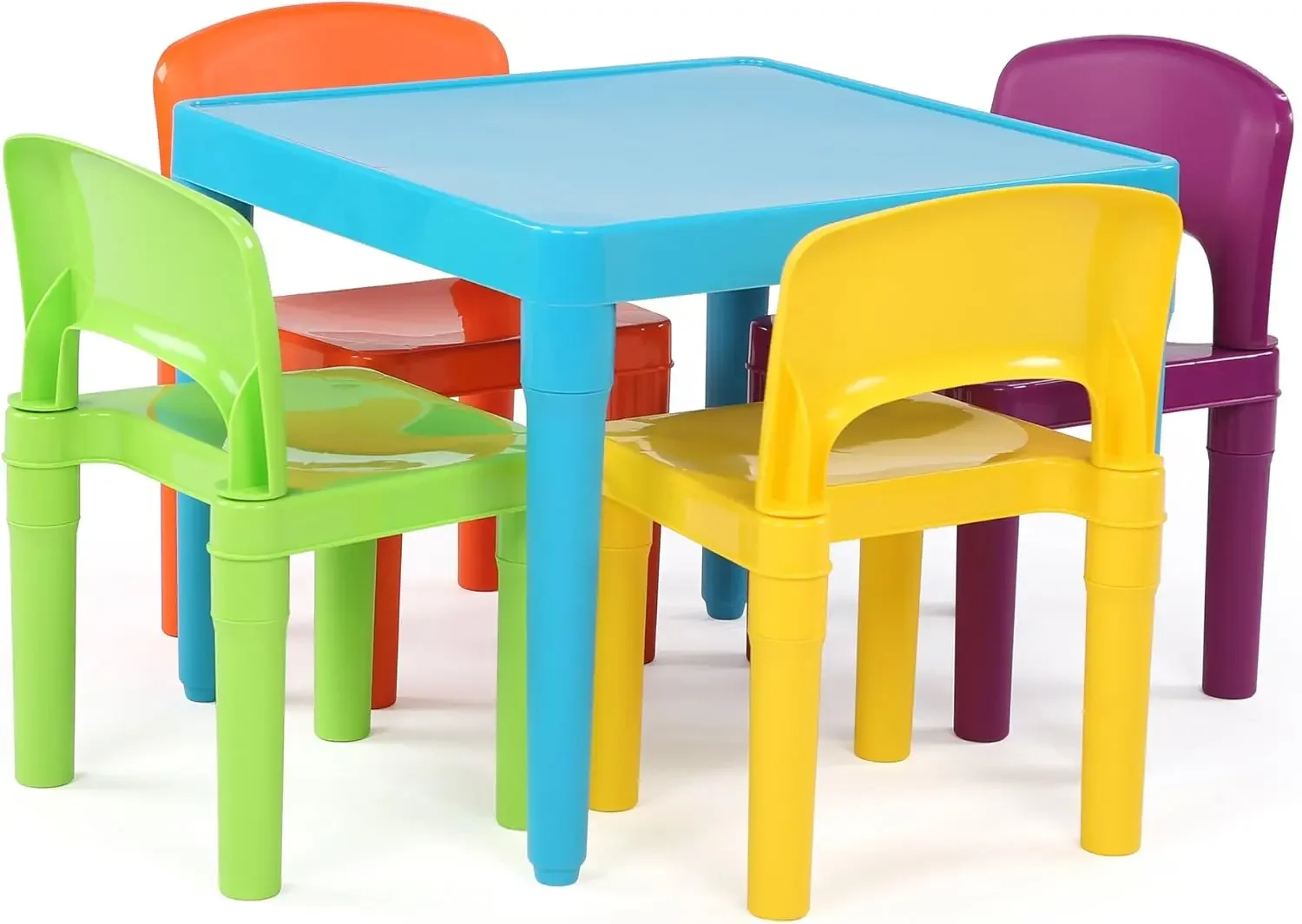 Crew, Blue Table & Red/Green/Yellow/Purple Kids Lightweight Plastic Table and 4 Chairs Set, Square