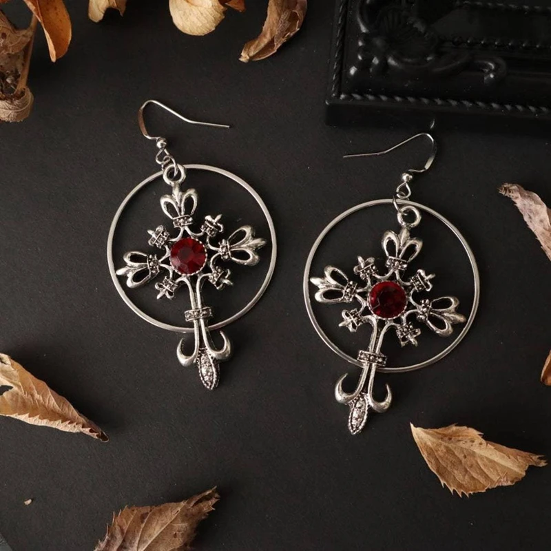 Cross Crystal Big Hoop Earrings, Gothic Cross Hoop Earrings, Unique, Gothic, Vikings, Witchy, Tarot, Viking, Boho, Witchy