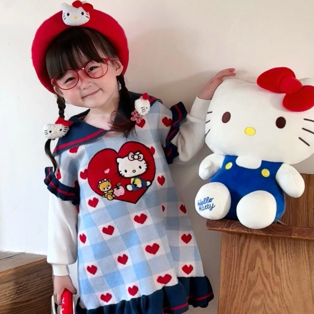 

Girl HelloKitty Heart-shaped Plaid Pleated Knitted Dress Navy Blue Long Sleeved Color Blocked Sweater Dress Autumn Winter New