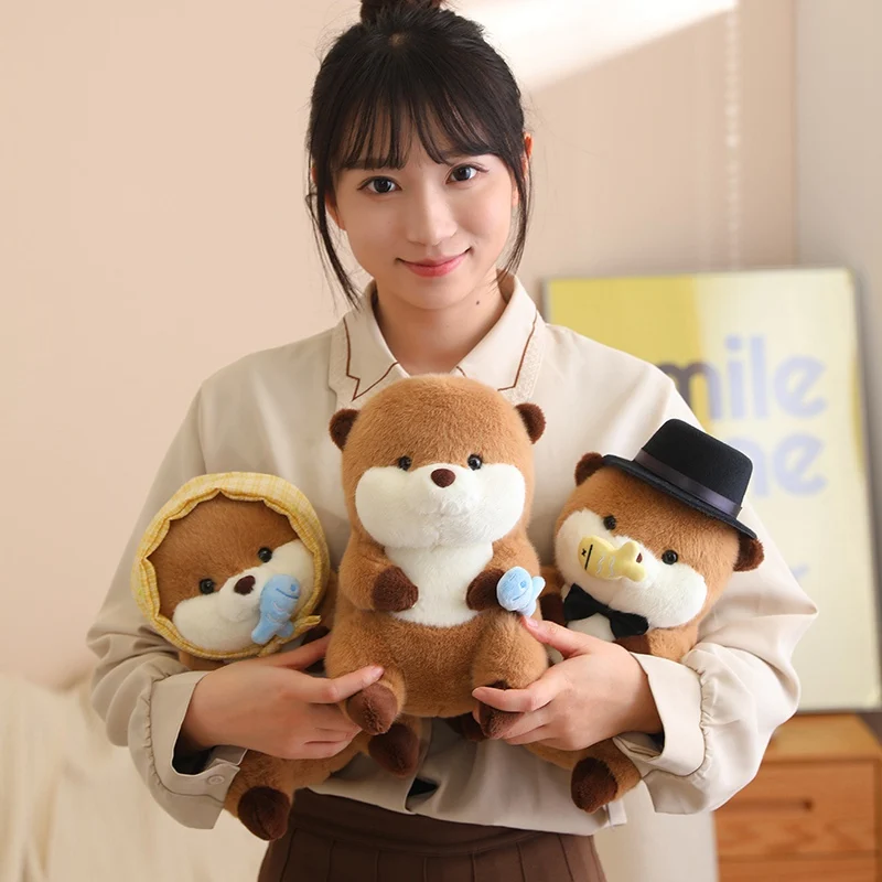 New Otter Plush Toy 30cm Stuffed Lifelike Lutra Animal with Fish Food Kawaii Otters Plushie Doll Birthday Gift