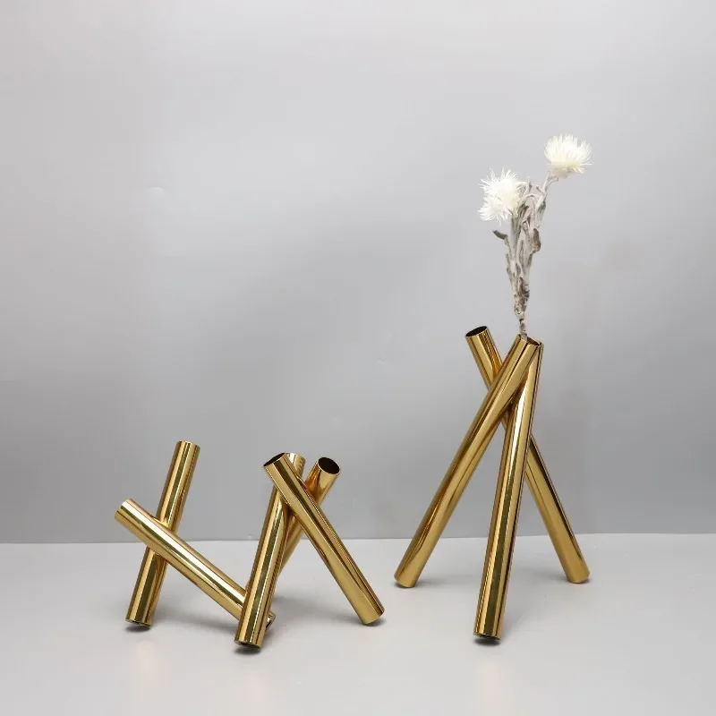 Modern Minimalist Stainless Steel Geometric Flower Vase Tube Flower Ornaments Tripod Dried Flower Arrangement Vessel Home Decors