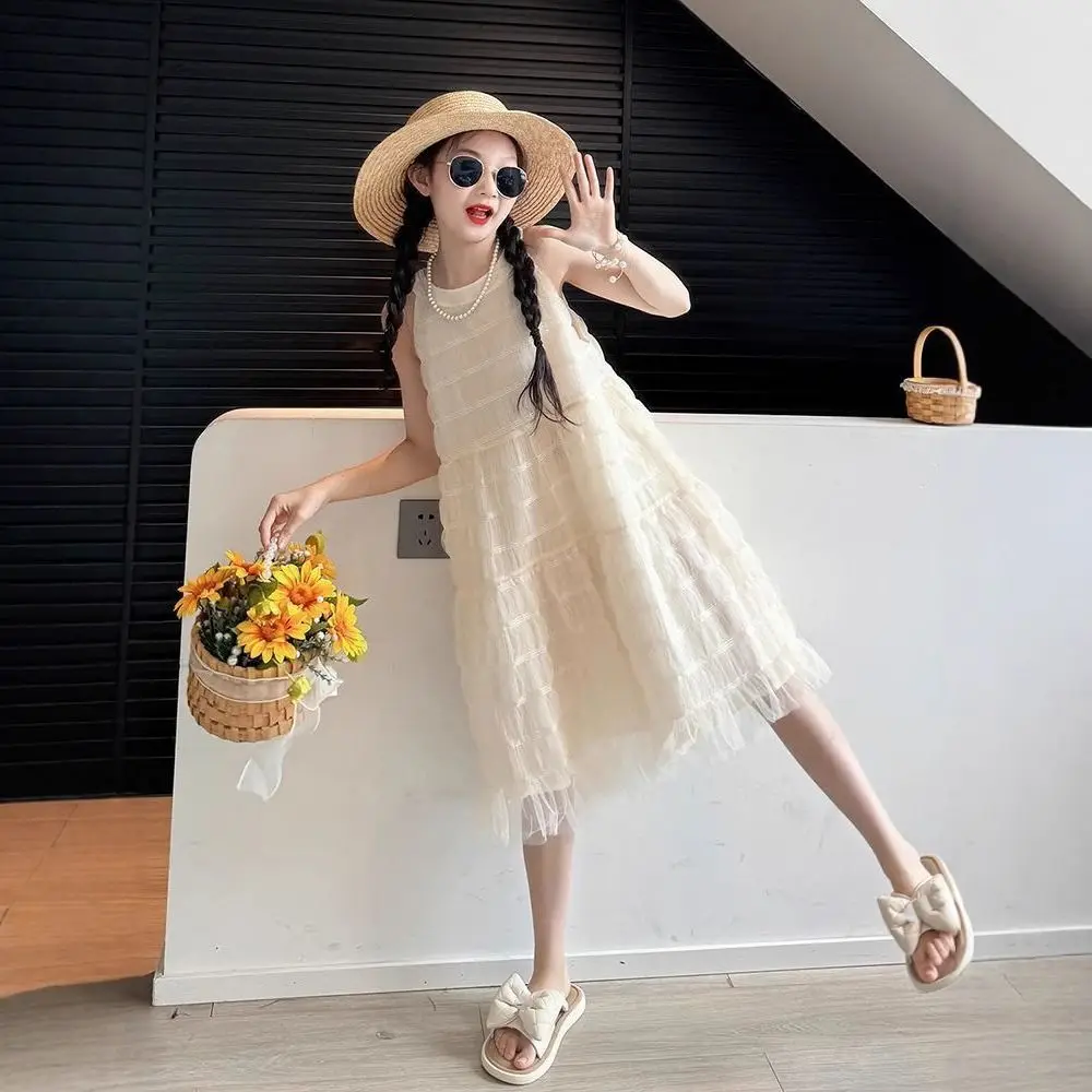 

Fashion Loose Girls Princess Dress Party Children Summer Mesh Dress Beach Vacation Sweet Teens Long Dress Party
