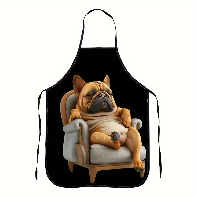 [Gentle] Cute French Bulldog in Sofa Design Kitchen Apron - Black, Adjustable Neck Durable Polyester, Fun & Relaxed Puppy Print,