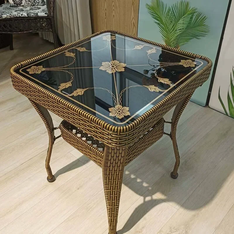 Rattan square table Balcony small coffee Mini tea table Bedroom side storage small Tempered glass tea table