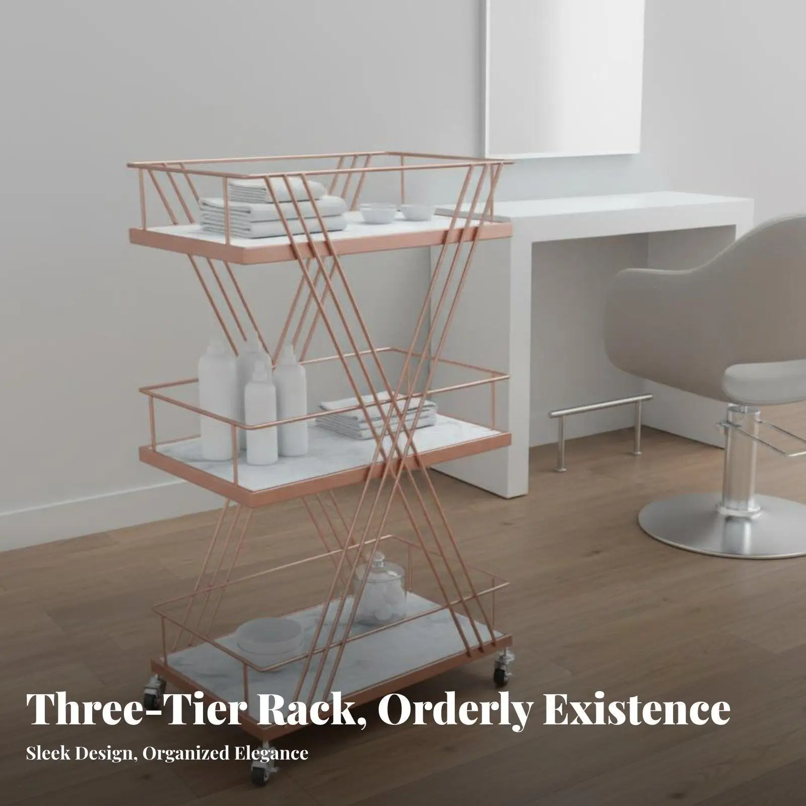 Beauty Salon Cart with 3 Tier Marble Top Shelves for Equipment Storage Rolling Utility Trolley Gold