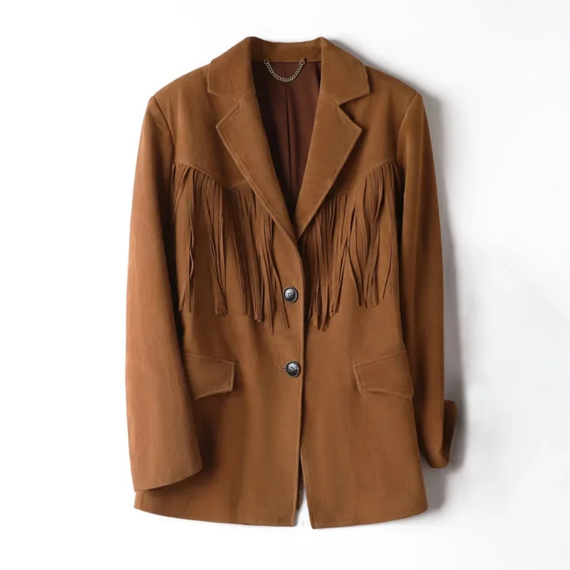 Abrigo de cuero de gamuza de lujo para mujer, chaqueta de cuero con borlas, Blazer de piel de oveja para mujer, otoño e invierno, 2024