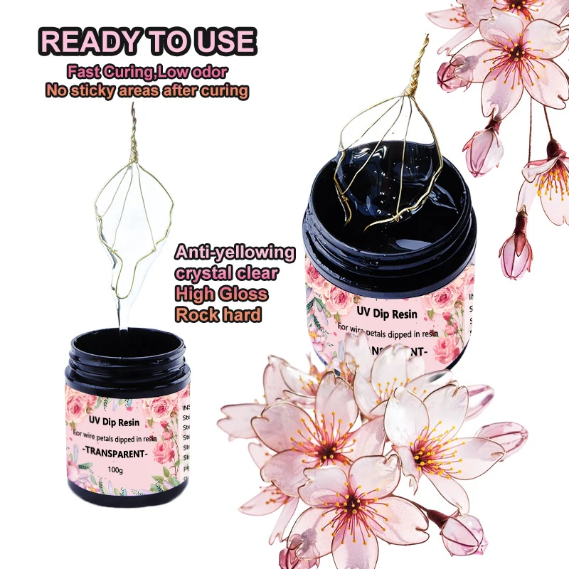 

40/100ml UV DIP Resin Glue For Wire Flowers Transparent Liquid High Gloss Ultraviolet Curing Crystal UV Glue Jewelry Making