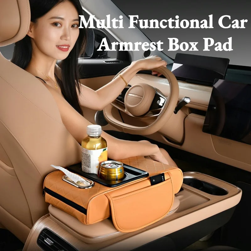 PU Leather Car Armrest Cover with Tissue Box Cup Holder Phone Support Foam Console Organizer Protective Pillow Cover Height Pad