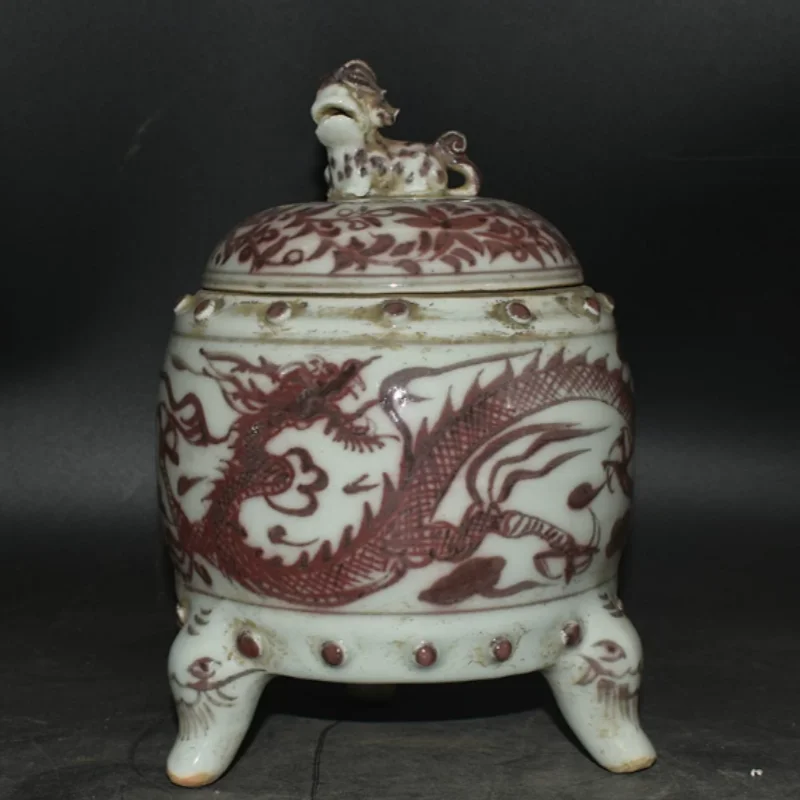 Antique porcelain enamel red painted dragon pattern auspicious beast three legged lid jar incense burner home retro decoration