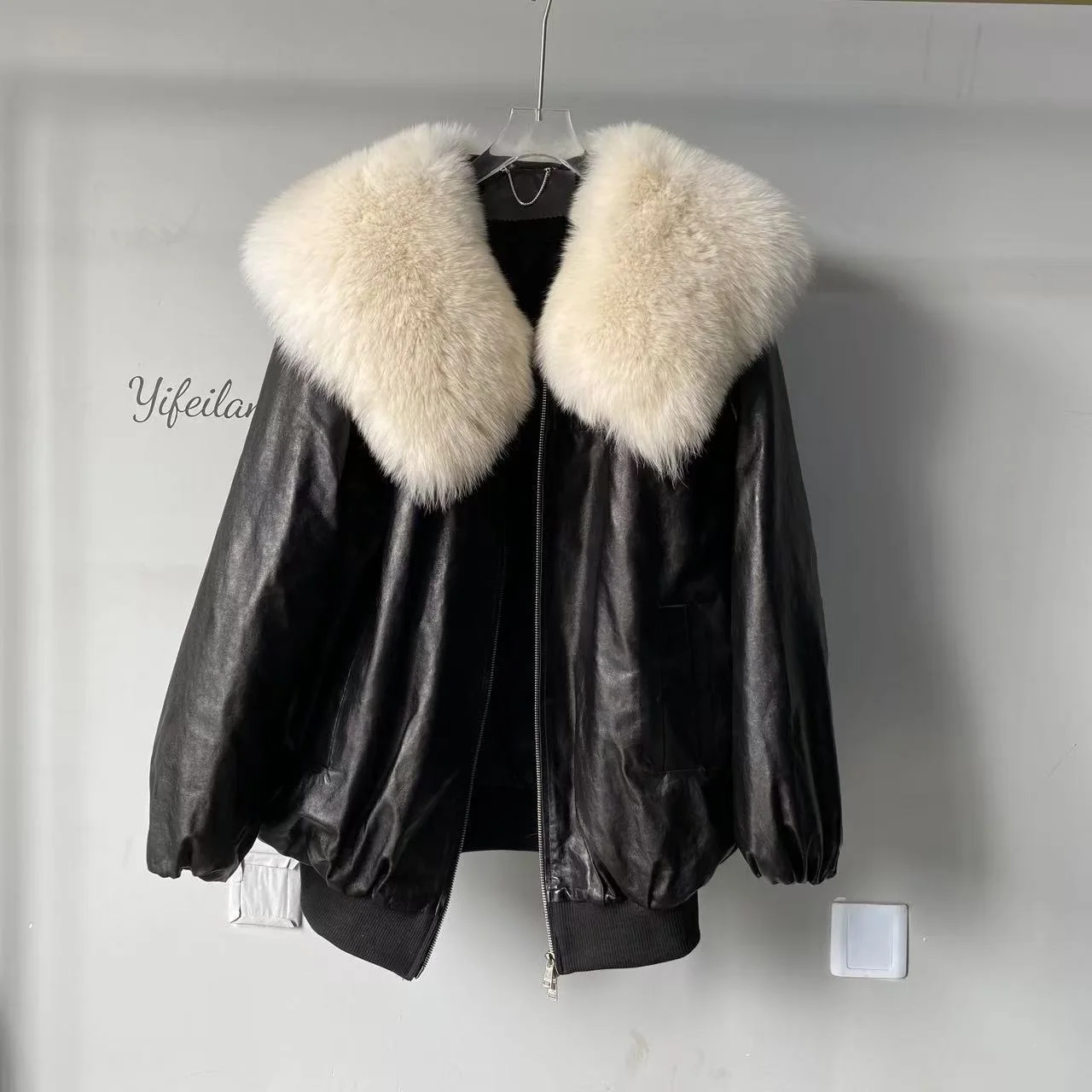 Herbst Winter New Sle Damen Ort Leder Jaet Cool Down Jaet Du Daunenmantel Großer Pelzkragen Loose Fit Biker Jaet