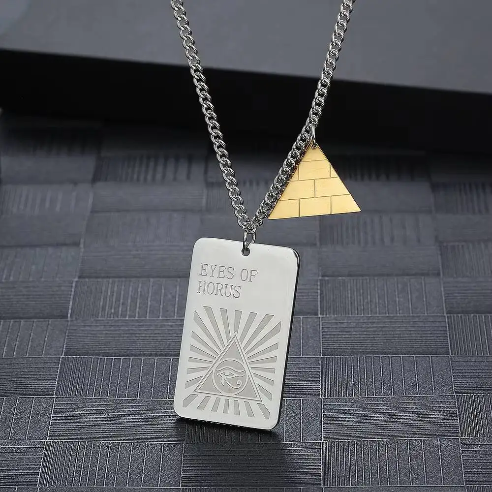 Eye of Horus Egyptian Pyramid Triangle Pendant Necklace Men Punk Rock Jewelry Gift In Stainless Steel
