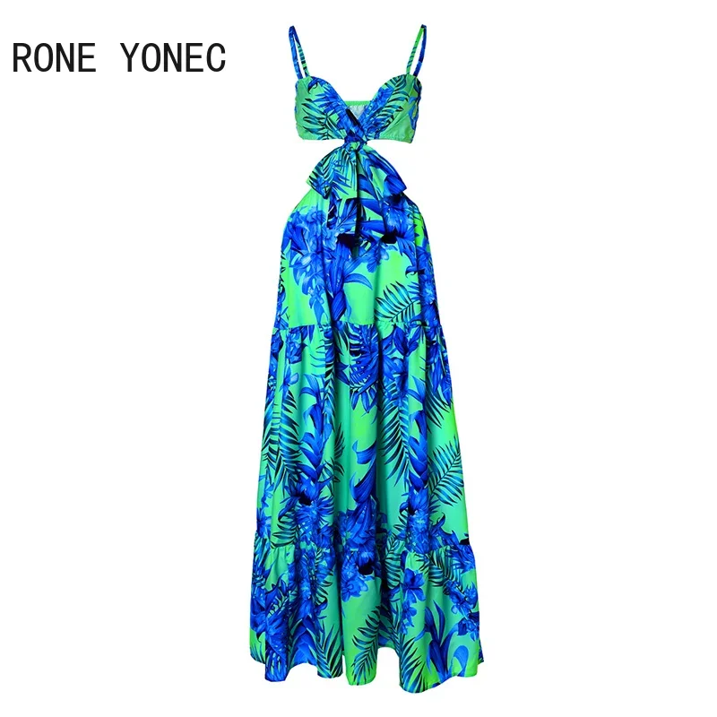 Women Elegant Sexy Spaghetti Straps All Over Print Midriff Maxi Vacation Beach Sexy Dresses