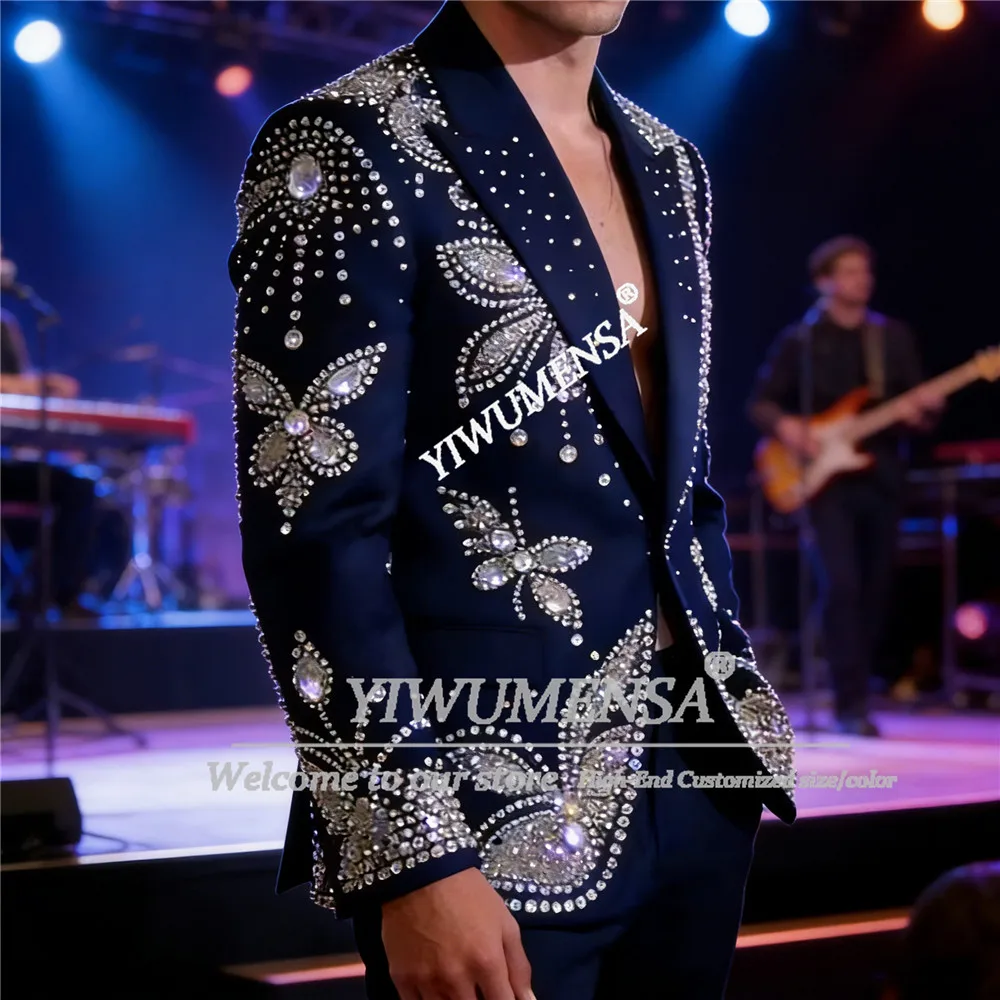 Brilliant Beaded Stones Suits Men Exclusive Design Jacket Trousers 2 Piece Sets Groom Wedding Tuxedos Customized Man Chic Outfit