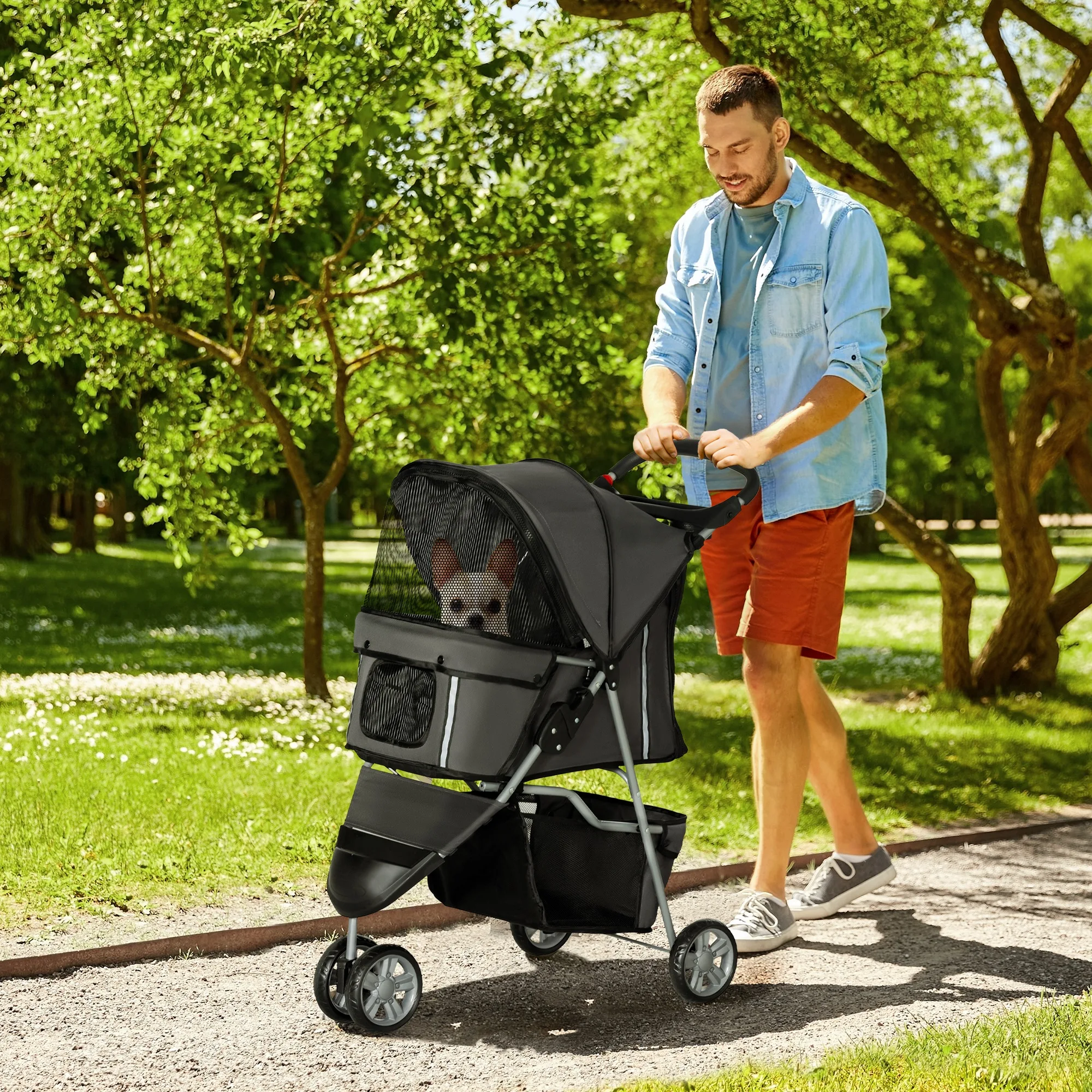 PawHut chiens chariot chiens buggy pliant pour chiens et chats jusqu'à 10 kg chat buggy avec coussin maille fenêtre porte-gobelet