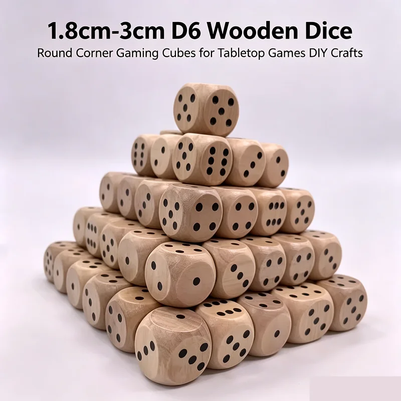 1.8cm‑3cm D6 Wooden Dice, Round Corner Gaming Cubes for Tabletop Games DIY Craft and Gift Making Accessories