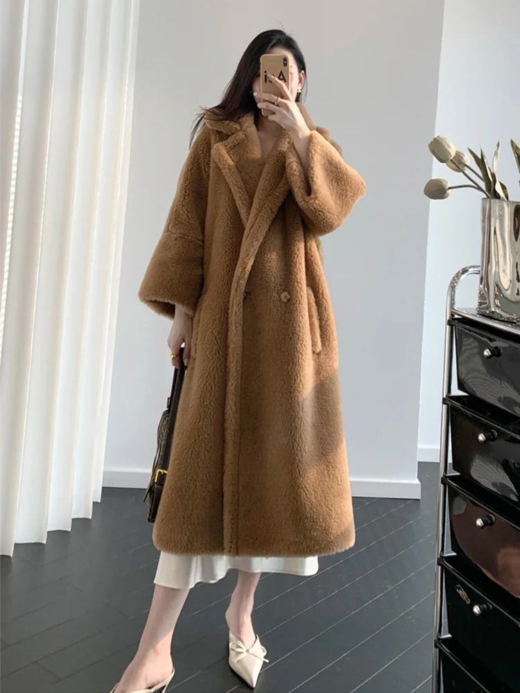 

New Mid-sleeve Teddy Bear Coat Alpaca Women Mid-length Loose Lapel Silhouette Real Fur Woolen Coats Warm Fashion Autumn Winter