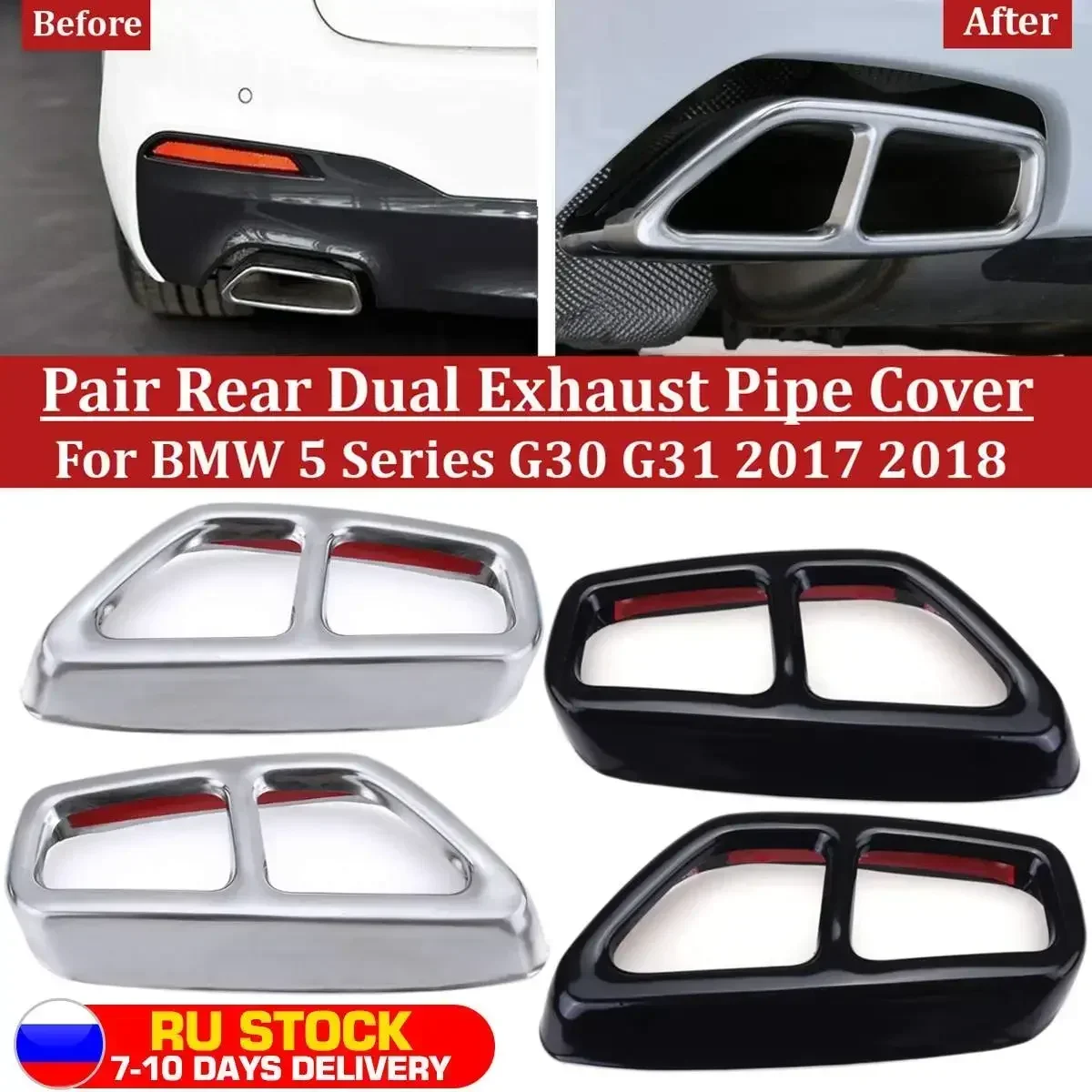 Pair For BMW 5 Series G30 G31 2017 2018 Car Rear Dual Exhaust Muffler Pipe Cover Trims Chromium Styling Exterior Part Body Kit