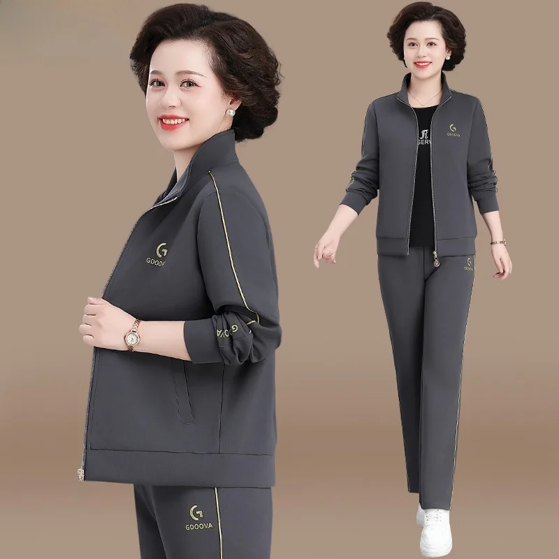 

Faionable Autumn Outfit Set for Women in Their 40s Casual Sportswear Large Size Top And Bot Zipper Closure Long Pants