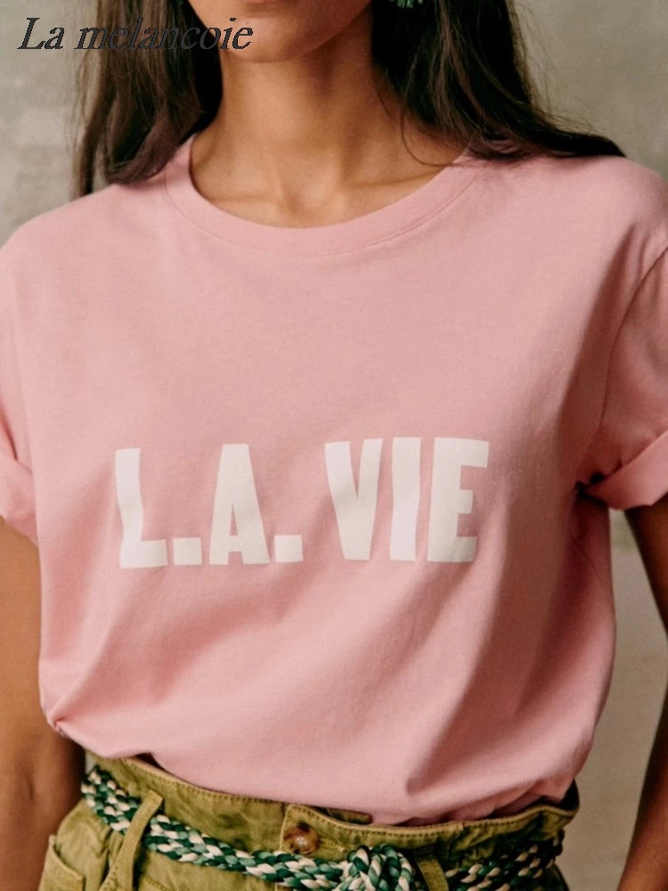 

Pink Letter Print T-Shirts Woman French Cotton T-shirt Summer 2024 New Fashion Simple Casual Loose Short Sleeve O-Neck Tee Tops