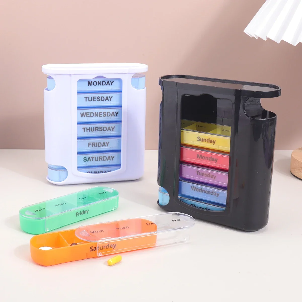 Stackable AM PM compartment pill dispenser, 7-day pill manager, four times a day, portable travel medicine storage box