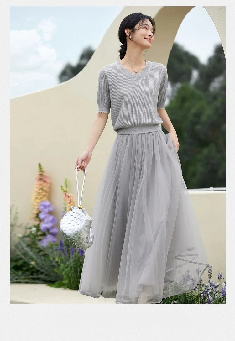 VIMLY Summer Outfits Woman 2 Piece Skirt Sets Mesh Long Skirt Lace