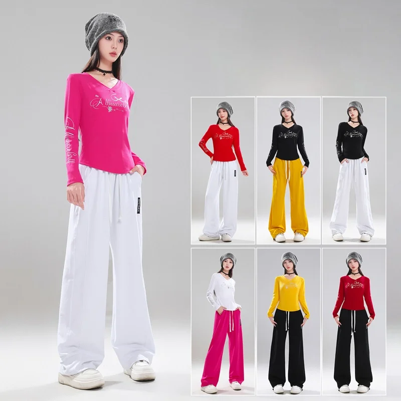 女性用スクエアダンス衣装長袖-v-ネックスリムフィットトップワイドレッグパンツダンススポーツパフォーマンス服綿-2-点セット