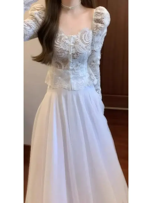 

Ele Lace Top And Tulle Skirt Set for Women Beautiful Age-Defng Two-Piece Outfit Large Size Available Spring Faion