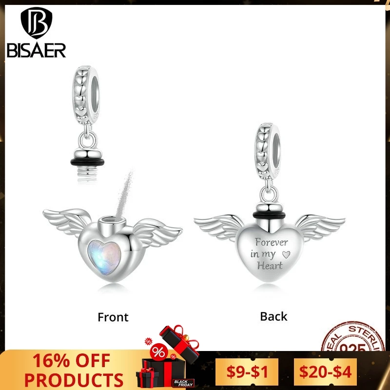 BISAER 925 Sterling Silver Pet Memorial Urn Ashes Pendant Heart Wing Charms Beads for Women DIY Bracelet & Necklace Fine Jewelry