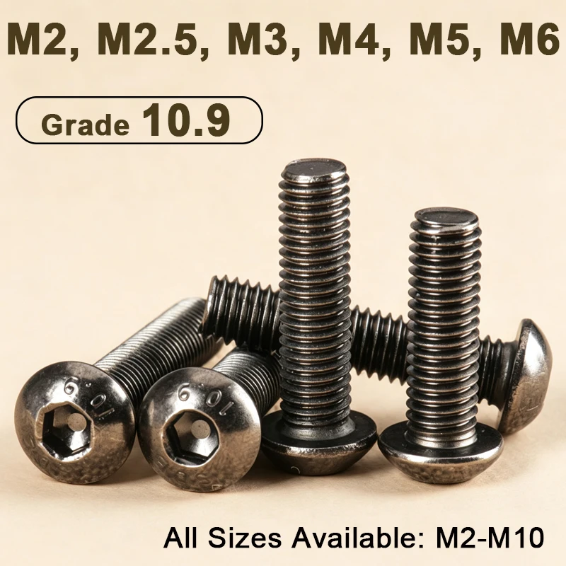 5‑100Pcs Grade 10.9 Black Nickel Button Head Hexagon Hex Socket Bolts Pan Round Head Allen Screws for Model DIY Robotics M2-M8
