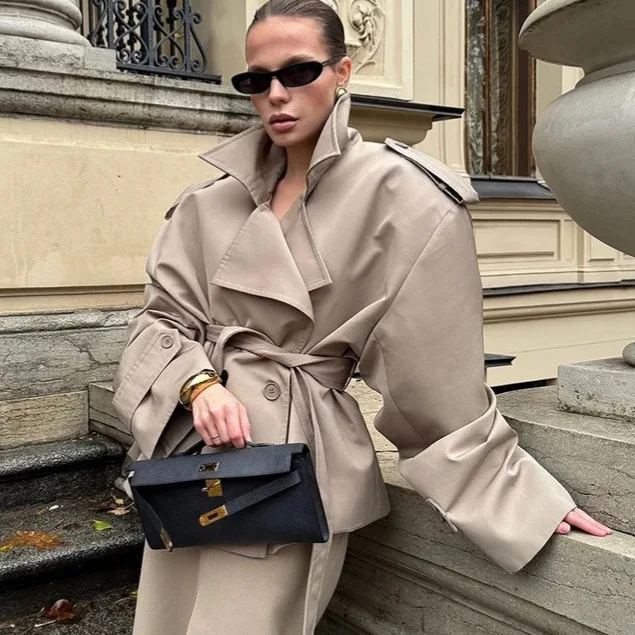 Popular European and American Women's Clothing Loose Casual Lapel Lace-up Medium and Long Trench Coat