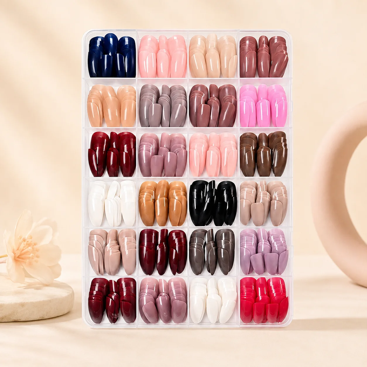 576pcs 24-Color Short Almond-Shaped Press-On Nails, Multicolor Glossy Solid Full-Cover False Nails, Women's DIY Nail Art Set