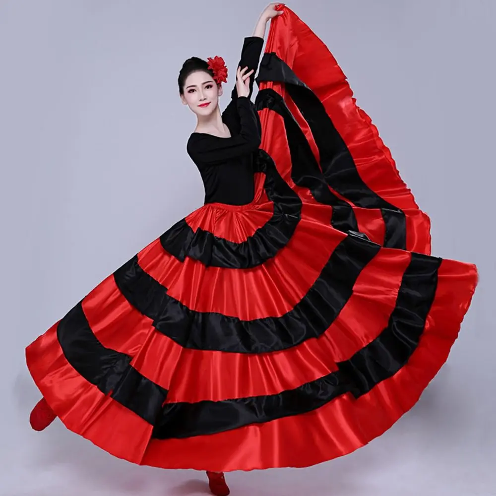 Gypsy Women Spanish Flamenco Skirt Polyester Satin Smooth Big Swing Carnival Party Ballroom Belly Dance Costumes Dress