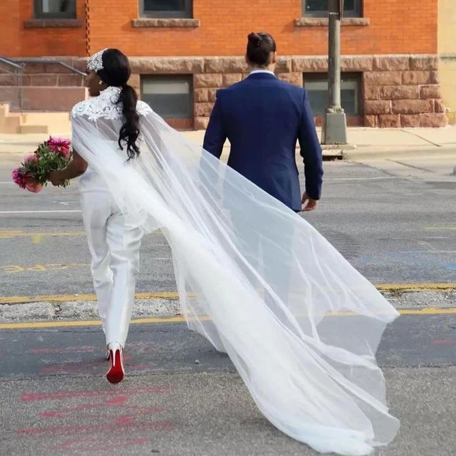 White wedding jumpsuit with cape sales