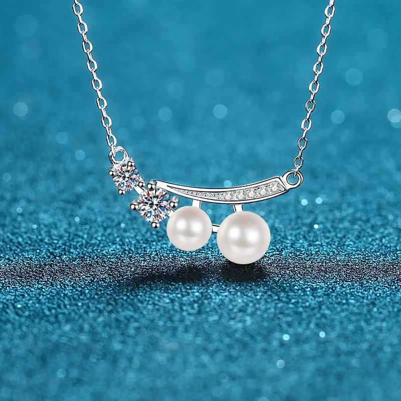 

S925 Sterling Silver 0.4ct Moissanite 7mm Pearl Collarbone Chain for Women Fine Jewelry