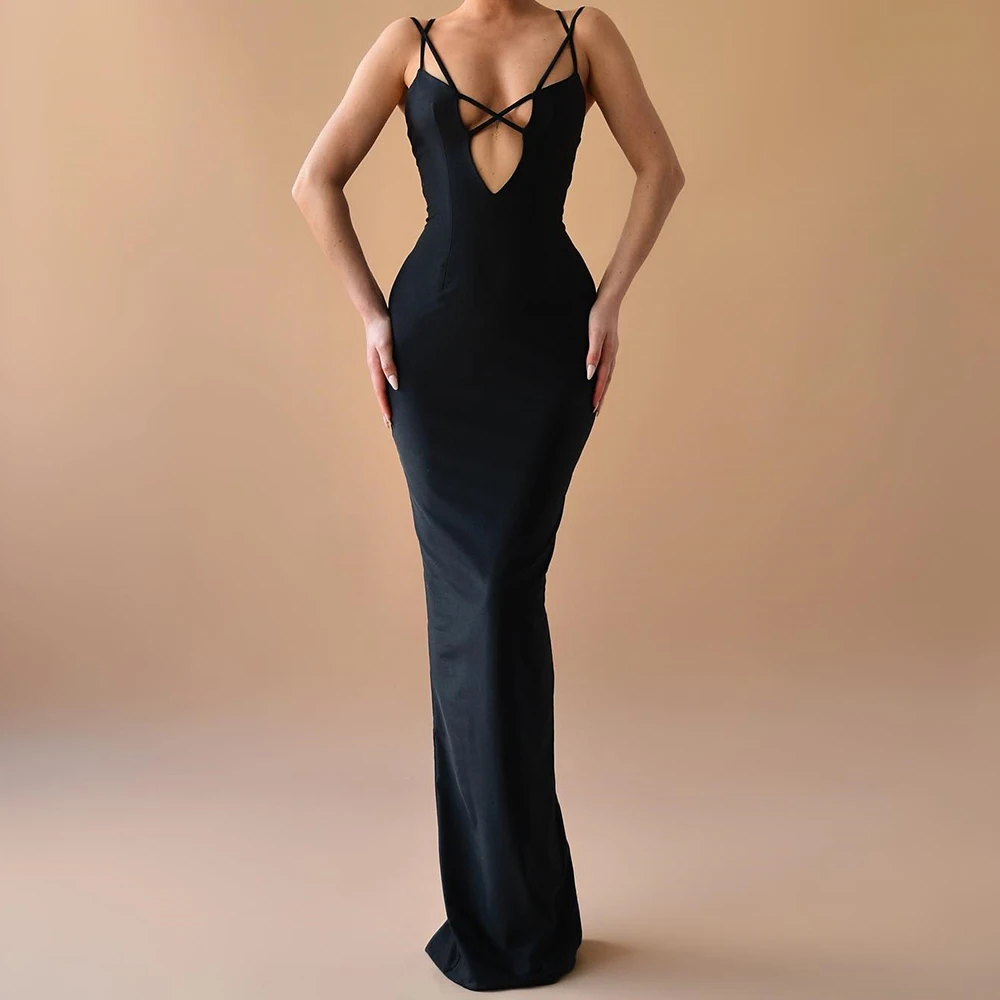 

Customized Sexy Back Slit Criss-Cross Pleats Sweetheart Spaghetti Straps Evening Dresses Modern Mermaid Satin Black Party Gowns