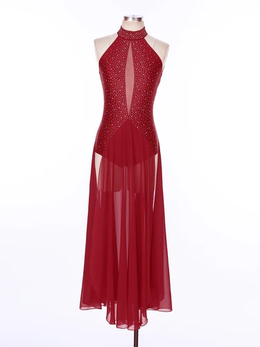 Imagen 2 del producto Vestido de baile lírico moderno para mujer, leotardo con diamantes de imitación, superposición de gasa, Maxi vestido largo dividido para actuación de gimnasia y Ballet