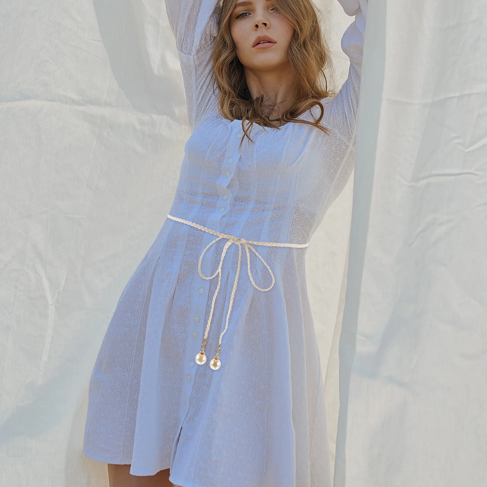 

4pcs Woven Curtain Tiebacks Pearl Waist Belt Multi-Functional Boho Braid Chain Home Decor Window Holdbacks For Drapes Sheer