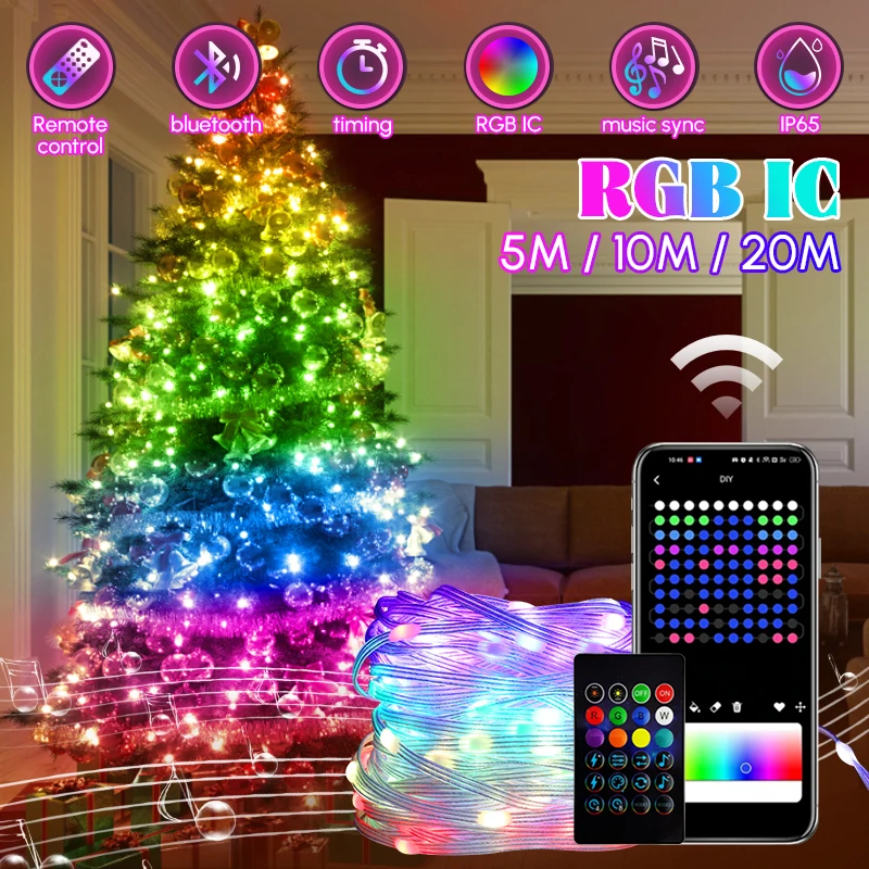 

RGB Christmas Tree Lights Xmas Holiday Party LED String Lamp Outdoor App Remote Control USB Music sync Garland Fairy Light Decor