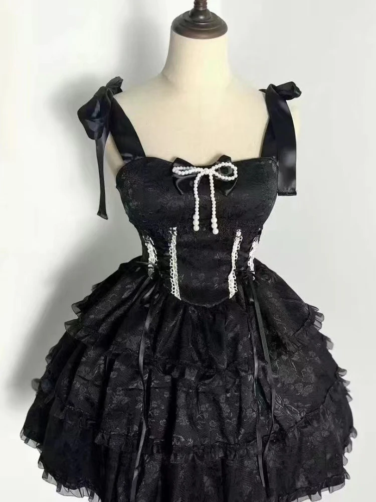 日本の E-girl ゴシックヴィンテージドレス女性ハーフハイネック半袖リボンレースミニドレスシンチウエスト甘いスパイシーな黒のドレス