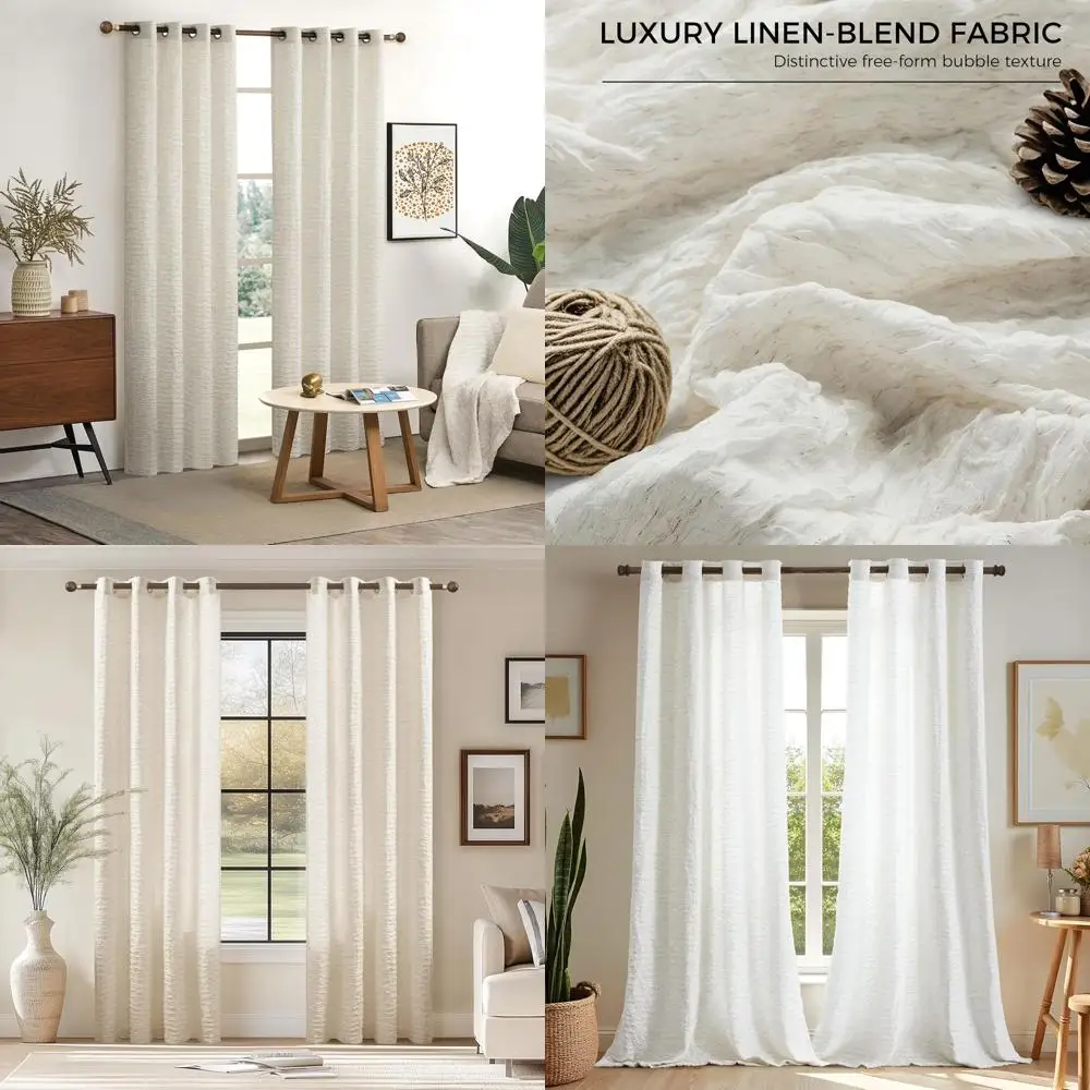 

120 Inch 2-Panel Linen Semi-Sheer Light Filtering Curtains for Neutral Farmhouse Style Living Room