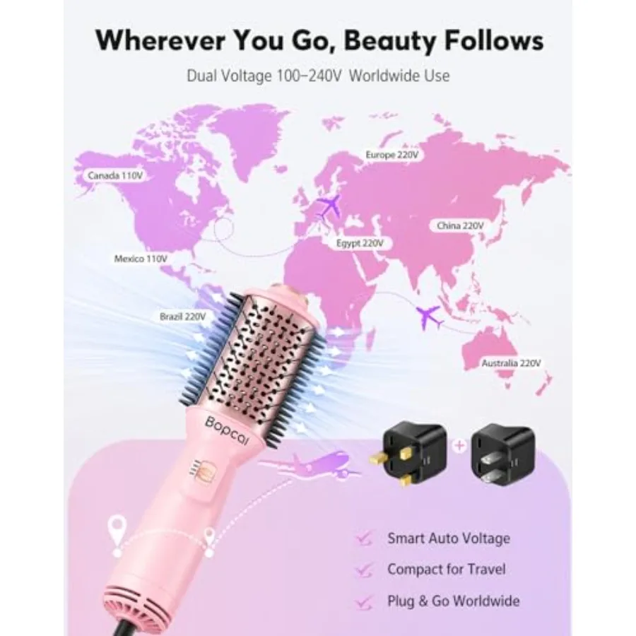 Travel Hair Dryer Brush for on-the-go use, ceramic-coated barrel in rose gold, dual voltage 100V-240V for worldwide compatibili - view 3