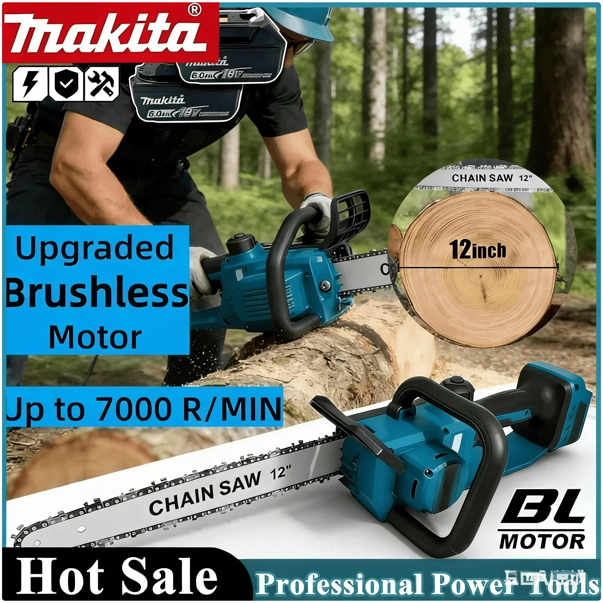 Makita 18V 2200W Brushless Electric Chainsaw, Portable Rechargeable Cordless Garden Pruning Saw, Wood Cutting Power Tool