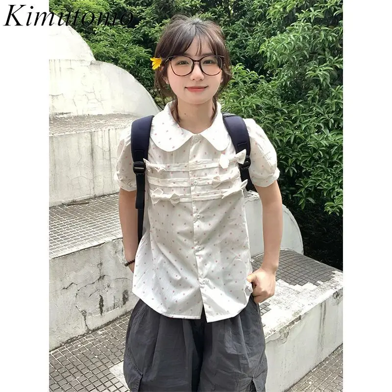 

Kimutomo Korean Style Bubble Sleeve Shirt Short Sleeved Women Summer Outfit Bow White Polka Dot Shirt Design Anti-aging Top