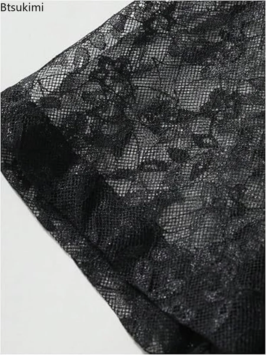 Summer Men's Luxury Mesh Lace Shirts Leisure Hollow-Out Patchwork Short Sleeve Floral Printed Buttoned See-through Male Clothing