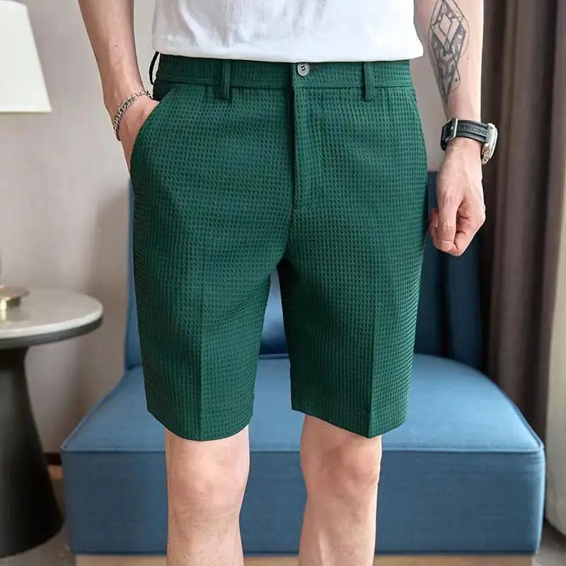 Men's Summer Waffle Knit Shorts Slim Fit Casual 5 Inch Inseam Straight Leg Pants Lightweight Trendy Streetwear
