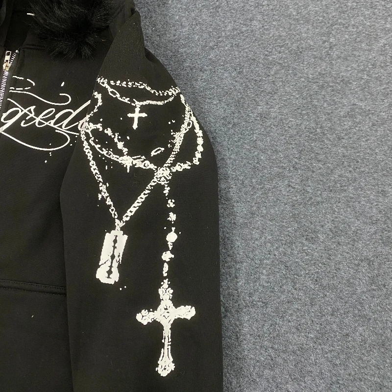 Y2k outono inverno moda americana botões destacáveis aba de pelúcia com capuz carta impressão arte feminina solta manga comprida casaco casual