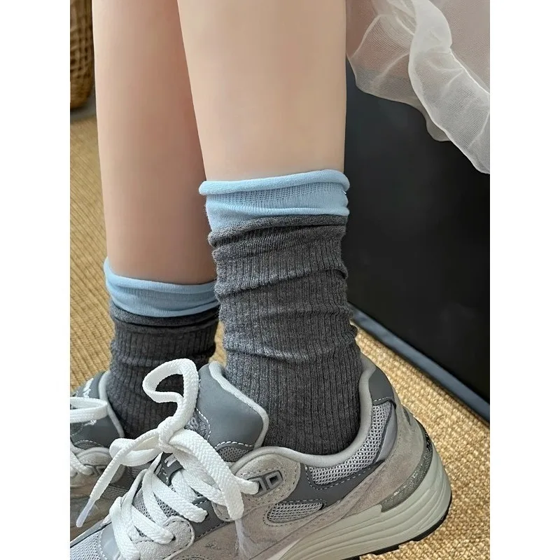 

Женские ультратонкие серые носки до середины икры, двойные ребристые носки с напуском в стиле дофамина, дышащие эластичные многослойные носки на лето