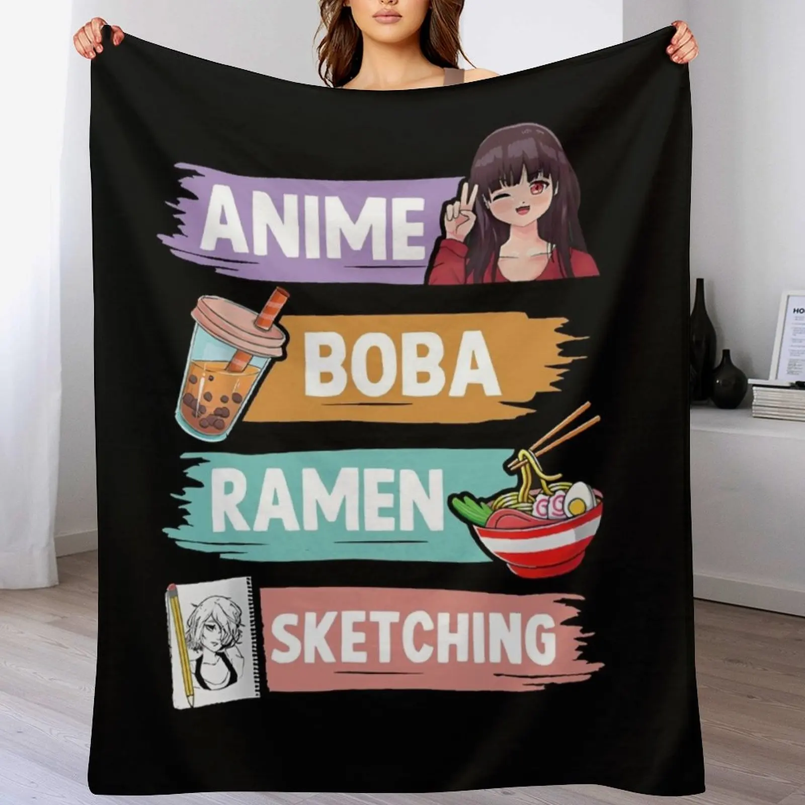 anime boba ramen sketching otaku kawaii anime girl shirt Throw Blanket Blankets For Sofas Beautifuls Blankets