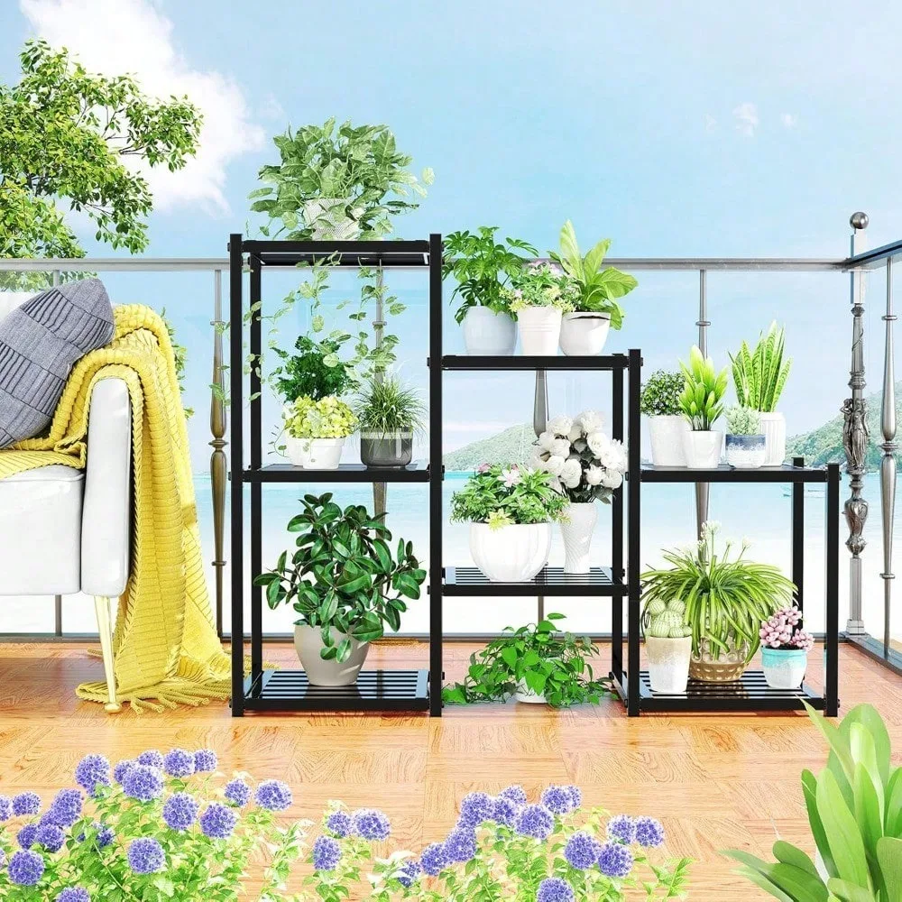 Plant Stand Indoor Outdoor,Metal Waterproof 7 Tiered Plant Shelf for Multiple Flower Planter Holder Tall Large Rack, Black