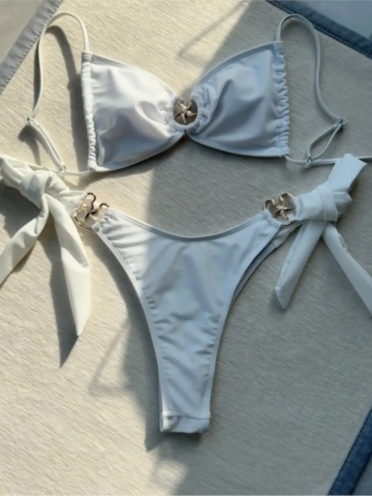 

Женские купальники-бикини и танкини однотонные, с узором «морская звезда», сексуальные, на бретельках, пляжная одежда, с завязками на спине, без спинки, с вырезами, пэчворк, элегантные